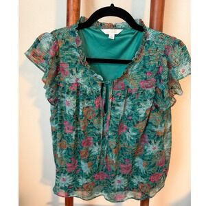 LC Lauren Conrad Green Floral Flutter Sleeve Blouse Metallic Stripe Keyhole M